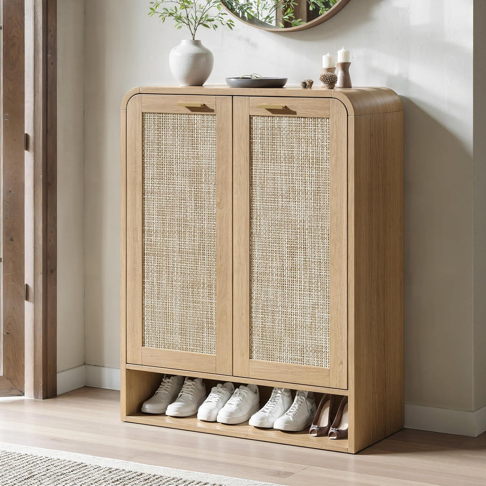 Evermagin 41 Inch Rattan Shoe Storage Cabinet Holds 24 Pairs, Natural Oak