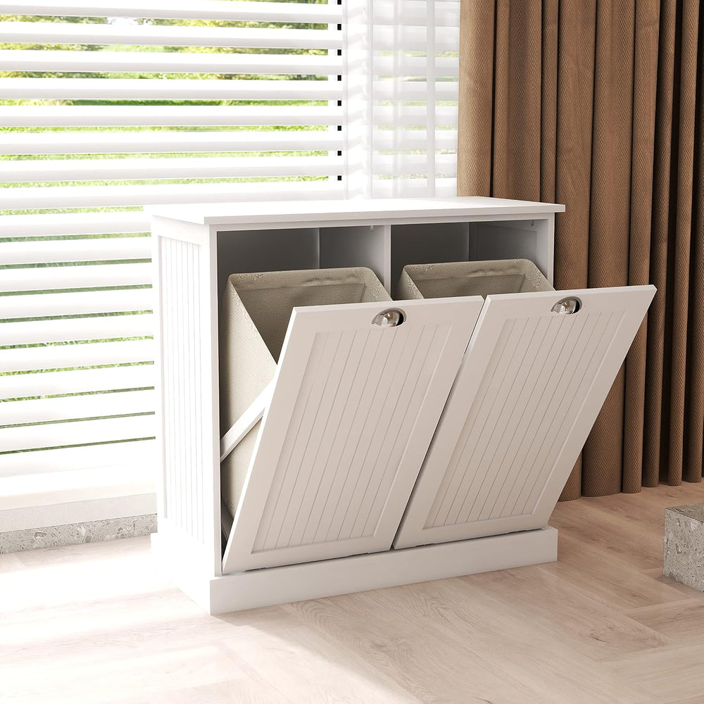 RASOO Double Tilt Out Trash Cabinet White Free Standing Laundry Sorter Cabine...