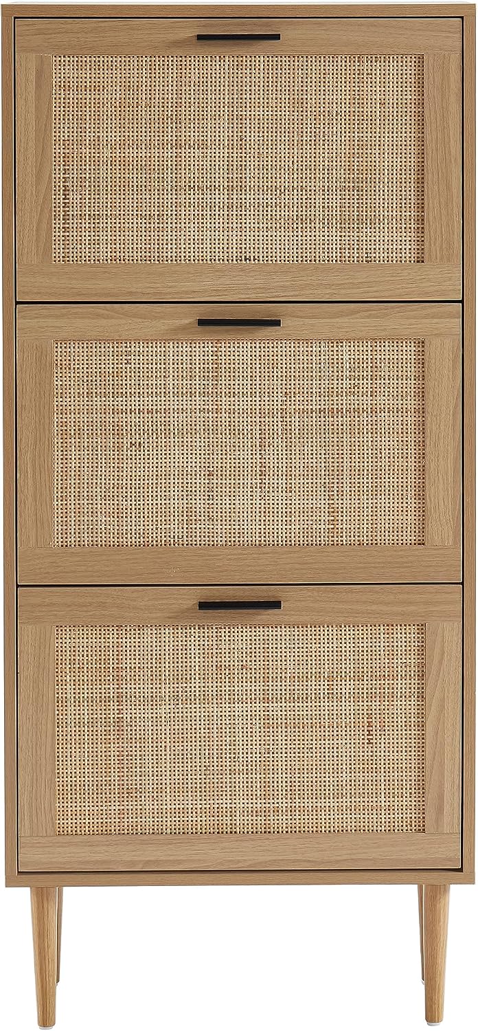 BAÏTA - Amana Shoe Cabinet Oak Effect and Rattan Cane 60 cm