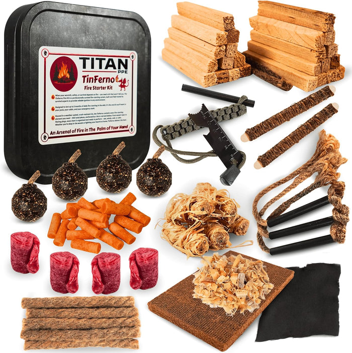 TinFerno Fire Starting Kit – 100pc Fire Starter for Campfires, Ferro Rod, Magnesium Flint, Char Cloth, Fatwood, Fire Kit, Camping, Bushcraft & Survival - Emergency Fire Starter Kit With Fire Tray