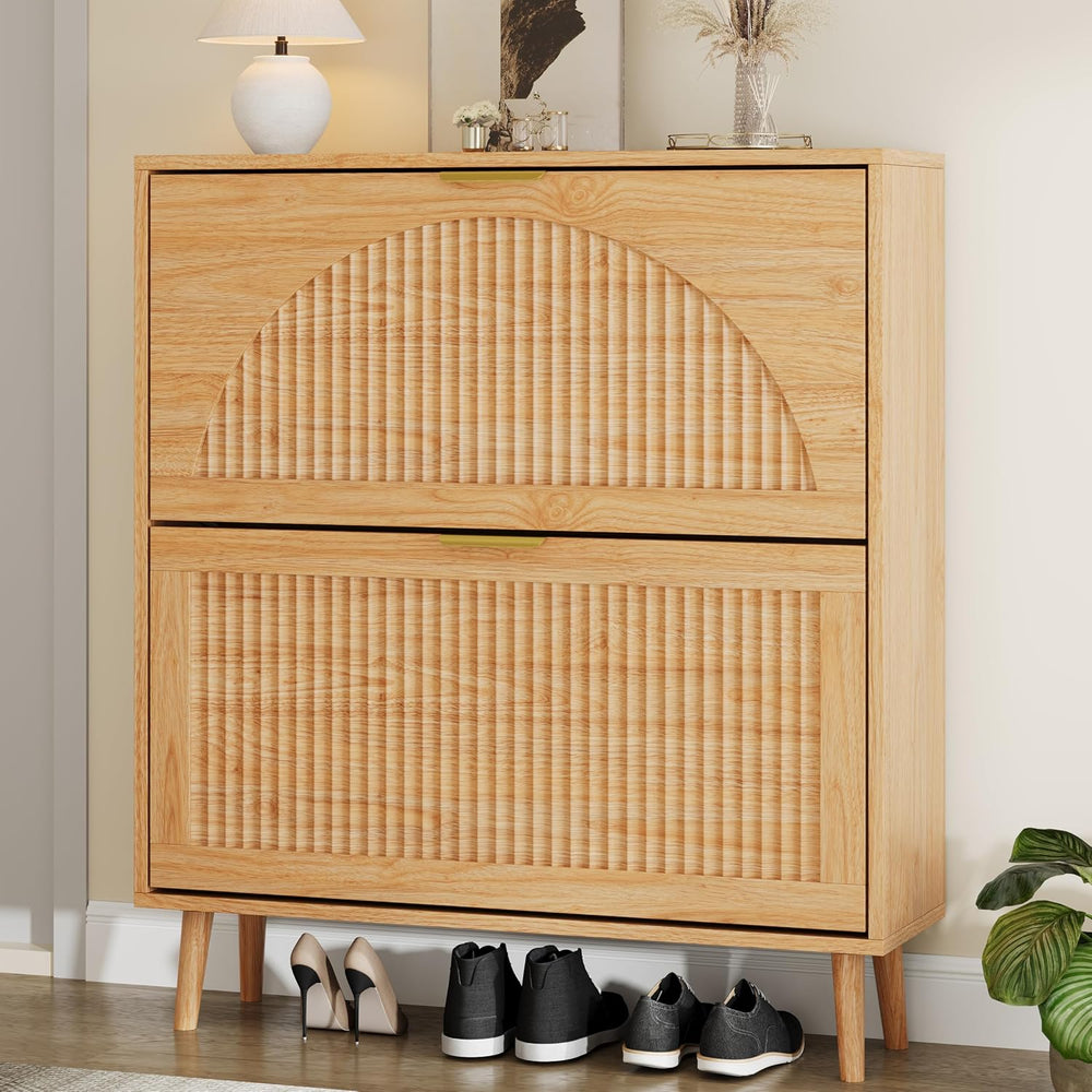 Shoe Storage Cabinet with 2 Flip Drawers, Narrow Wood Shoe Organizer Cabinet ...