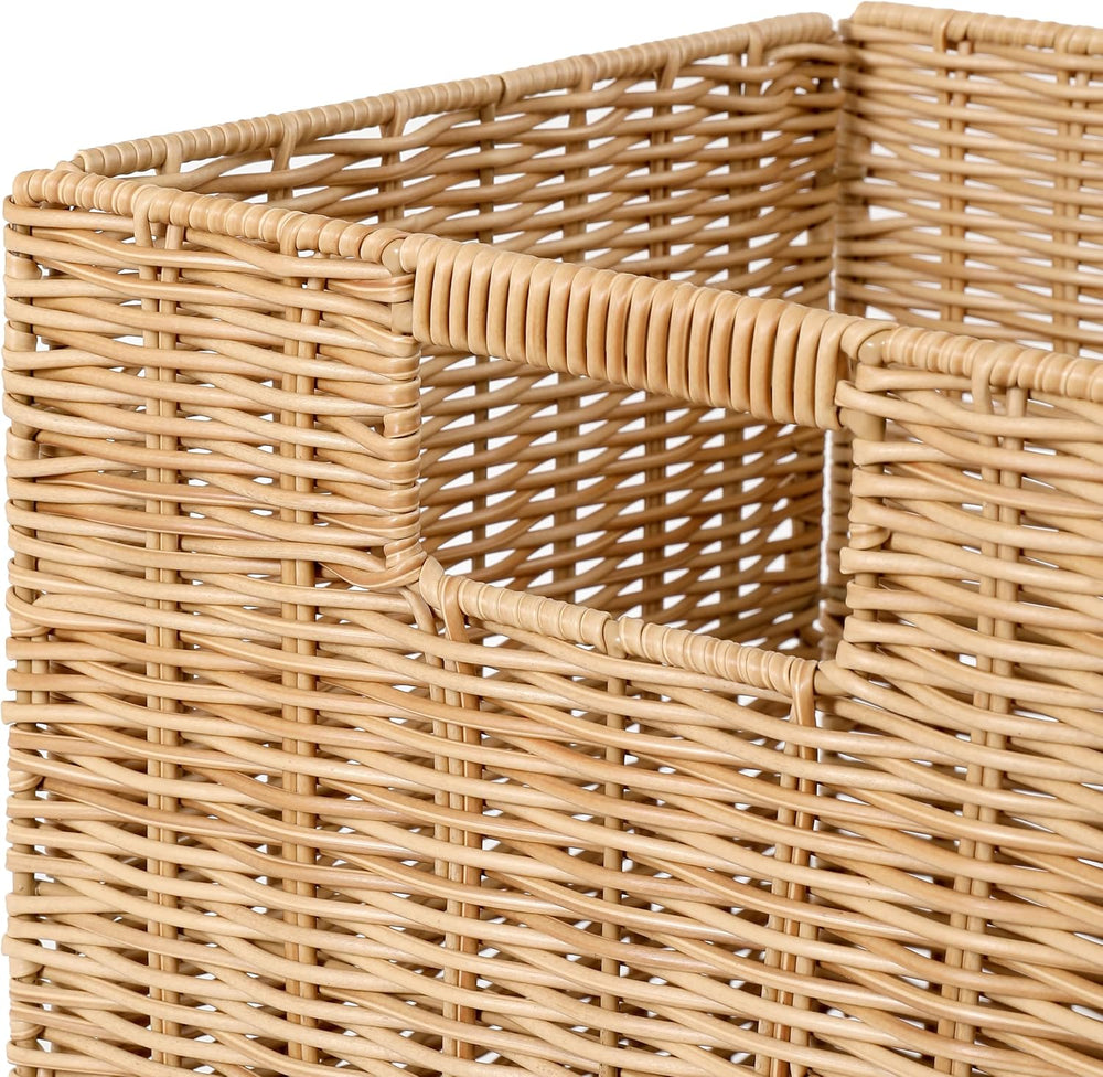 12x12inch Plastic Wicker Cube Baskets Large Foldable Handwoven,4 Pack,Khaki