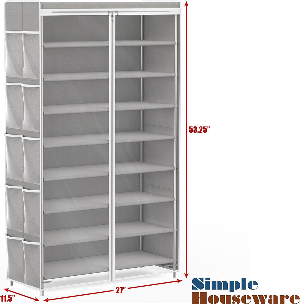 Simple Houseware 8 Tiers Shoe Rack w/Zipper Cover & Hanging Pockets, Gray