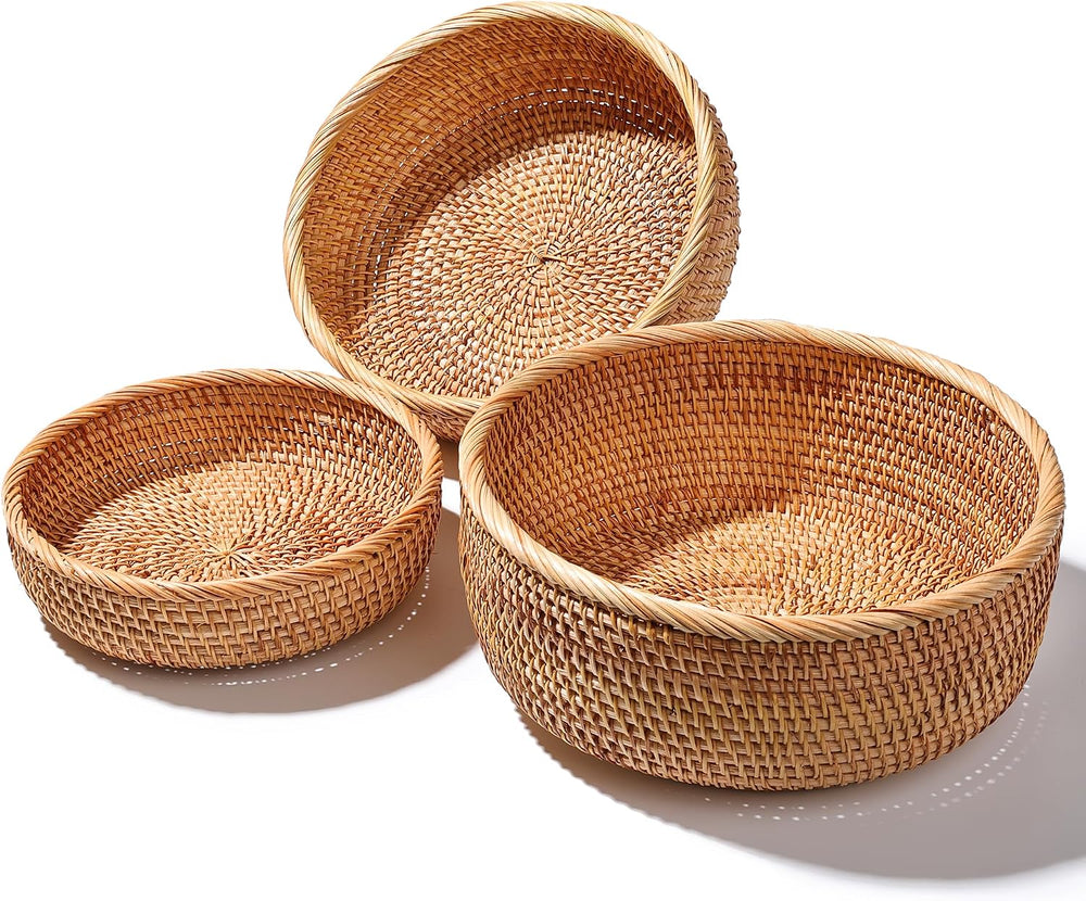 Rattan Bread Basket Set 3, Handwoven Serving Bowls