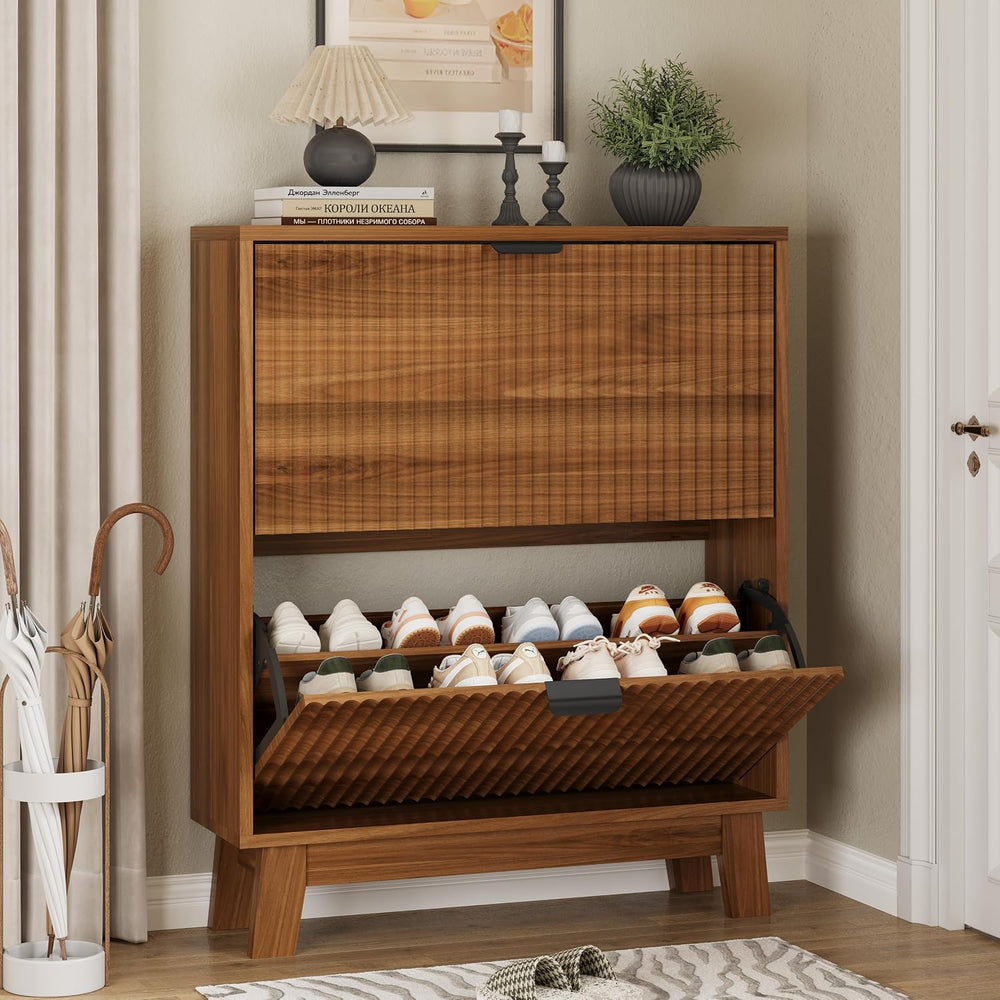 Xixini Shoe Cabinet with 2 Flip Drawers, 37" Tall Narrow Fluted Shoe Sto...