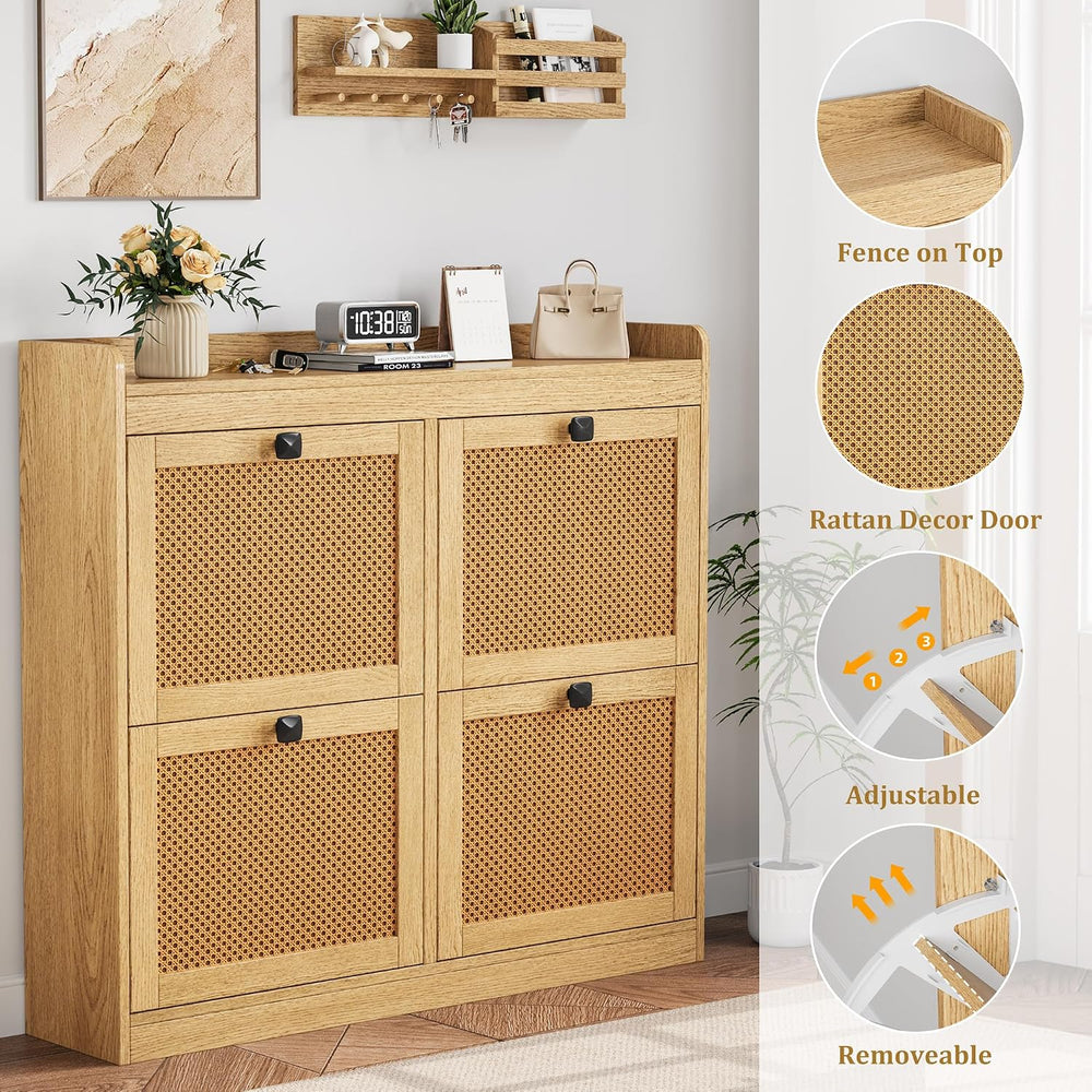 Garvee Shoe Storage Cabinet with 4 Flip Drawers, Wood Shoe Cabinet with Ratta...