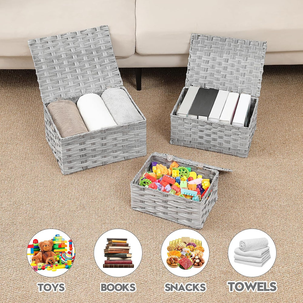 YMhoart Woven Storage Bins With Lids Shelf Baskets Wicker Organizing Rattan B...