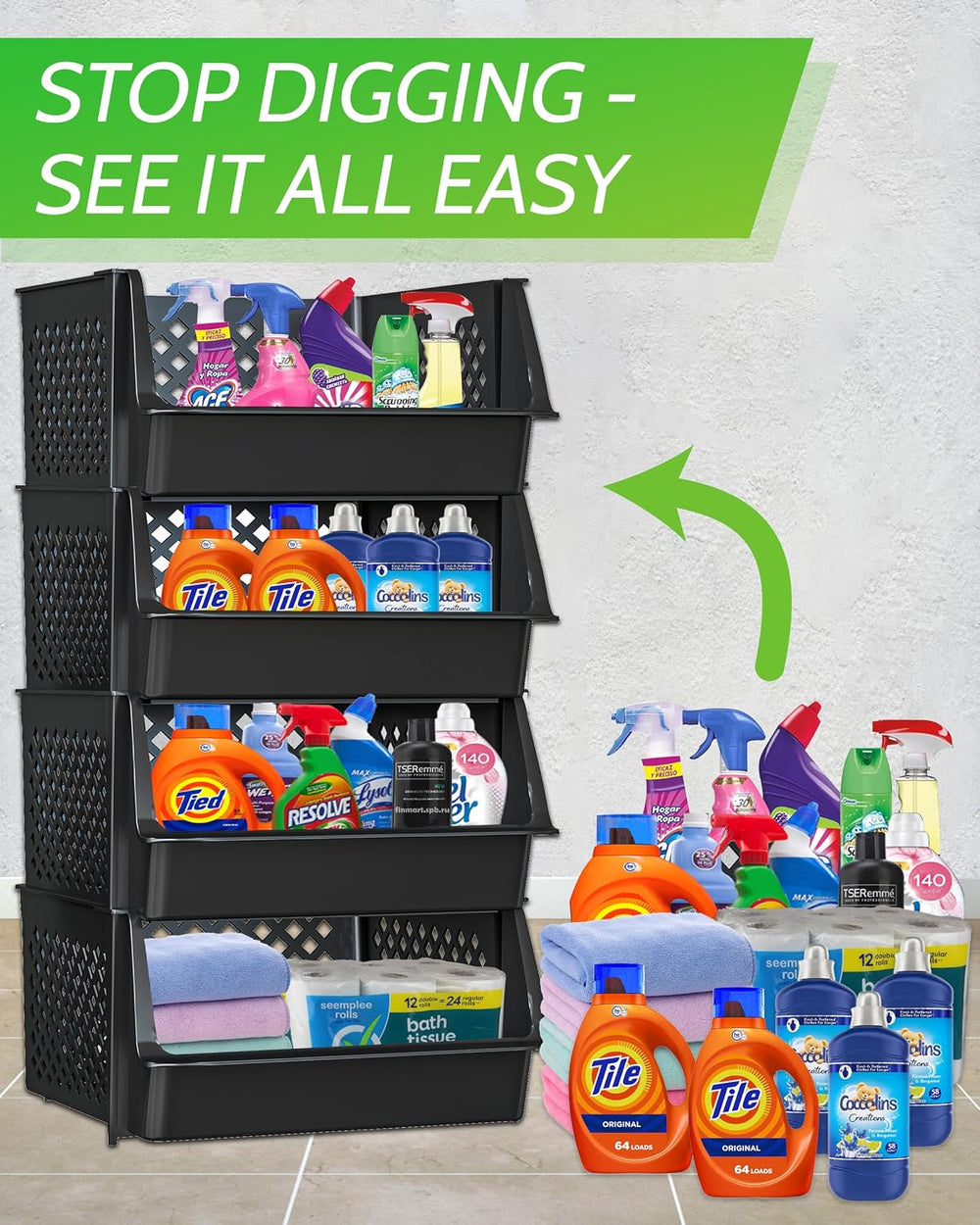 Large Stackable Storage Bins Open Front for Pantry Storage, 4 Pack - Black
