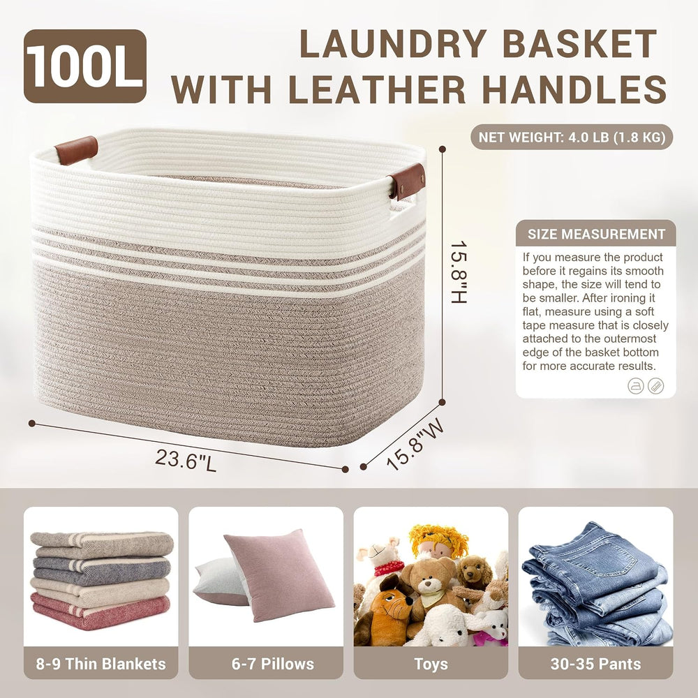 100L Large Woven Laundry Basket Hamper with Leather Handles,Brown