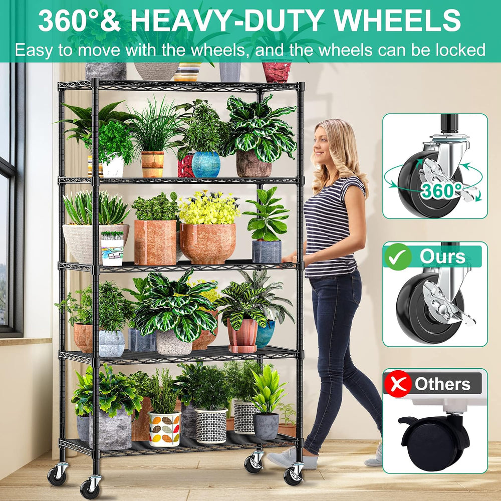 Folews 5-Tier Rolling Storage Shelf with Wheels, Metal Wire Shelving Unit