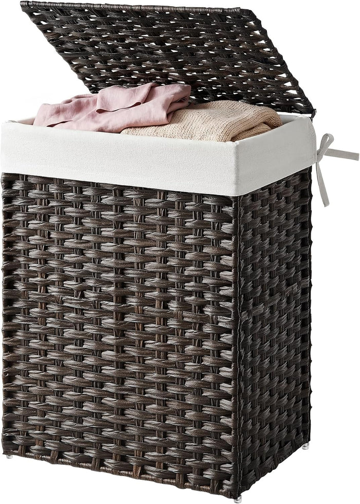 SONGMICS HOME Laundry Hamper with Lid, Clothes Basket with Removable Liner and Handles, 23.8 Gallon, Foldable Narrow Laundry Organizer for Bathroom, Bedroom, Dark Brown