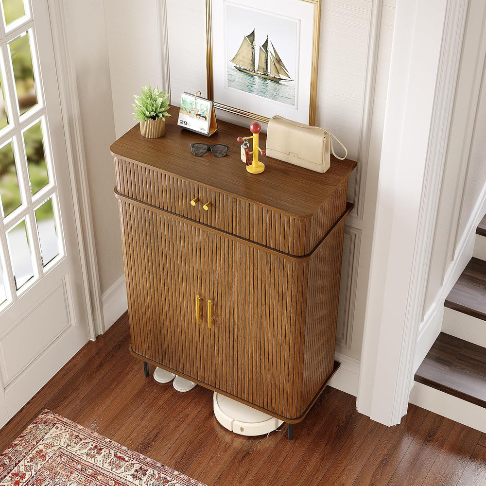 DreamDashio 5-Tier Shoe Cabinet with Tambour Sliding Door, Set of 2, Walnut