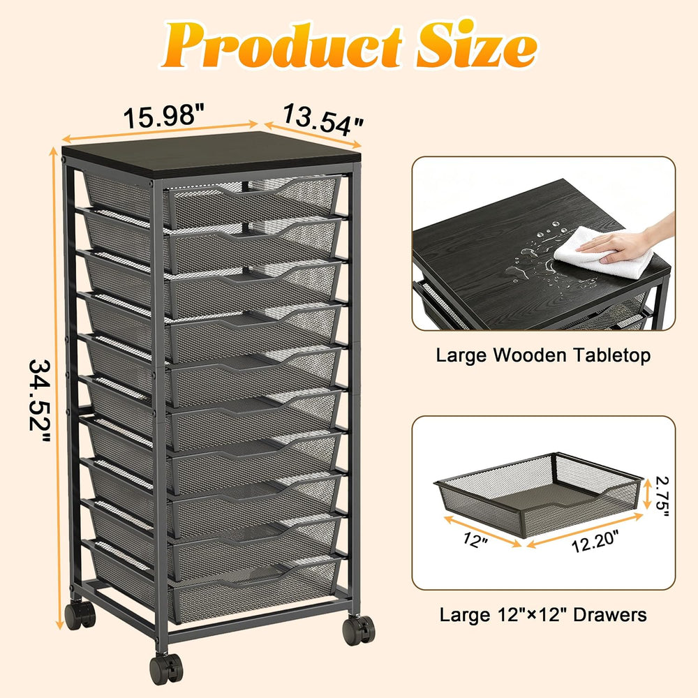 10-Drawer Rolling Storage Cart, Craft Organizers and Storage, Black