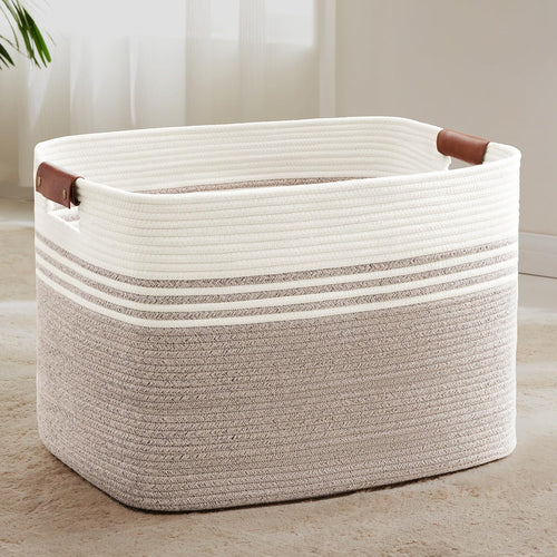 100l large woven laundry basket hamper with leather, main product view