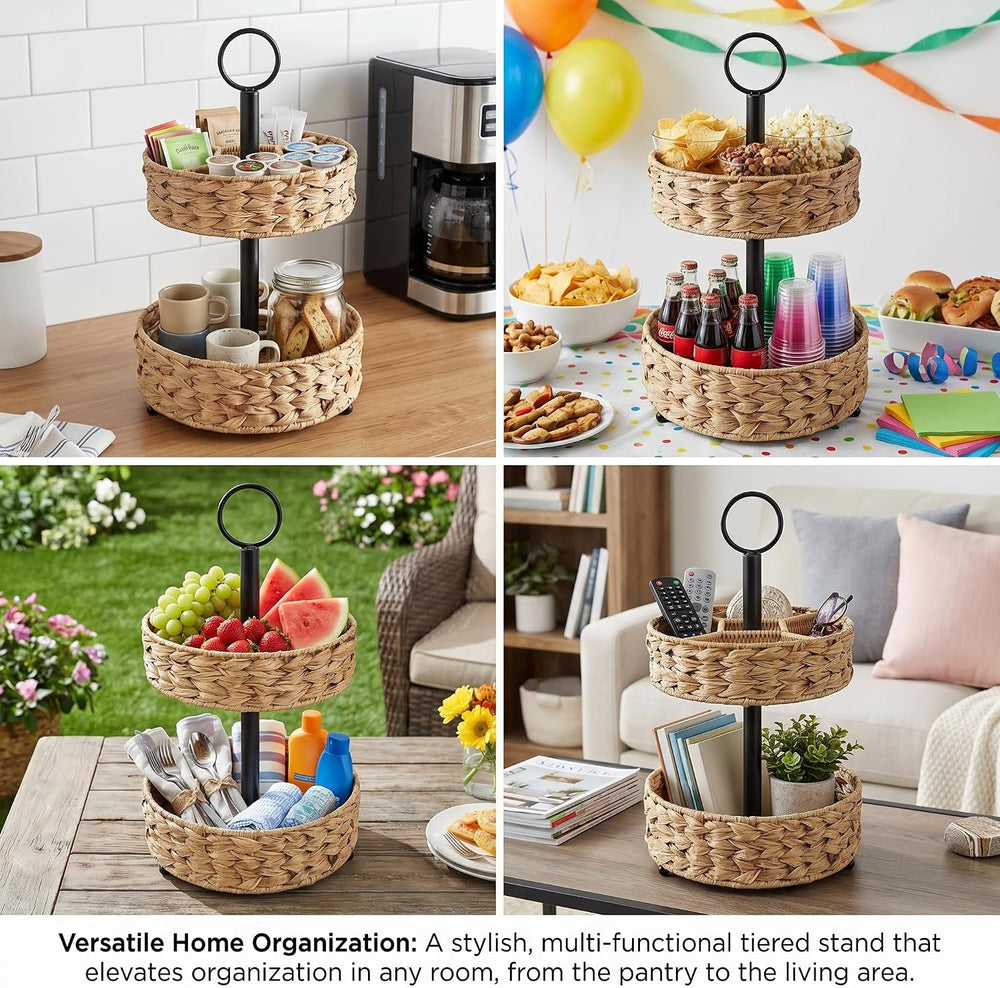 2-Tier Round Faux Rattan Wicker Storage Basket with Metal Frame, Countertop O...