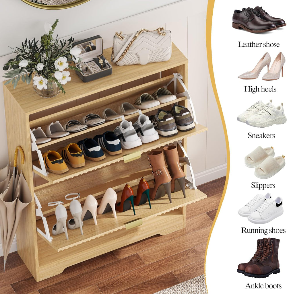 HUANLEGO Shoe Cabinet Storage for Entryway with 2 Flip Drawers, Fluted Shoe C...