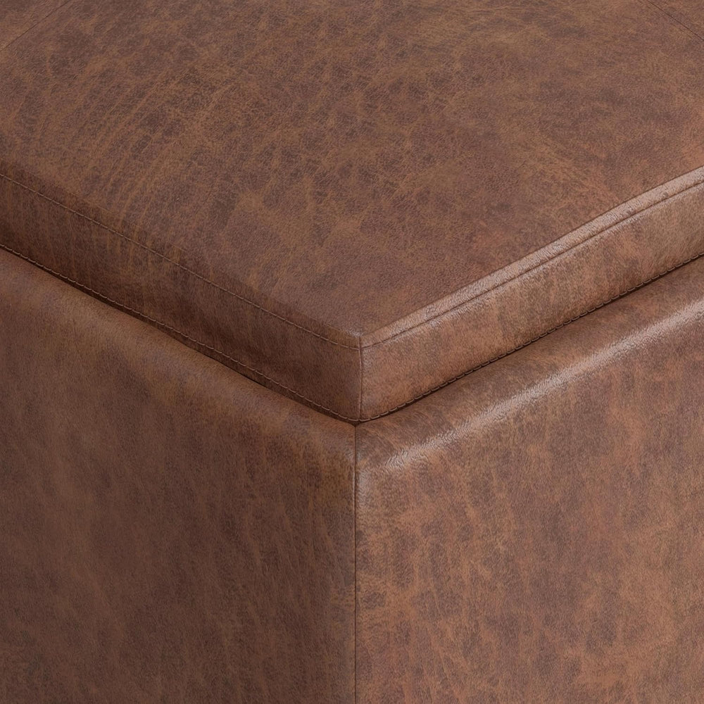 SIMPLIHOME Avalon 35" Wide Vegan Leather Storage Ottoman in Umber Brown
