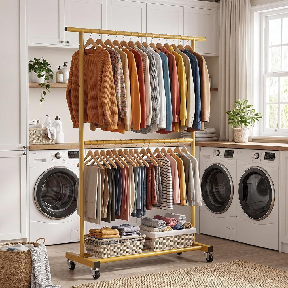 Sywhitta Double Rod Metal Clothing Garment Rack on Wheels, Gold