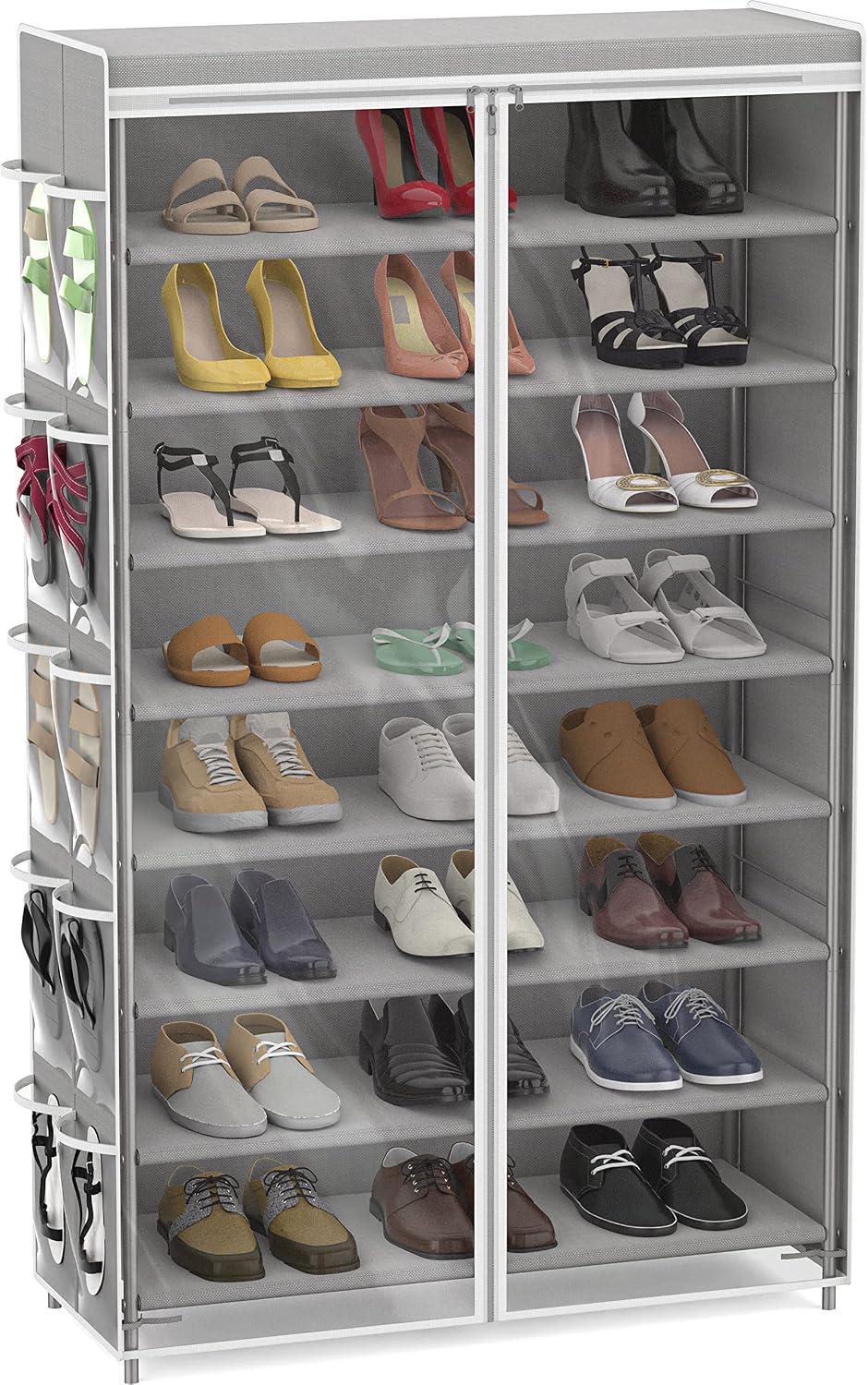 Simple Houseware 8 Tiers Shoe Rack w/Zipper Cover & Hanging Pockets, Gray