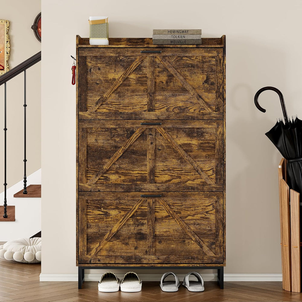 BORNOON Shoe Cabinet with 3 Flip Drawers Narrow Shoe Storage Cabinet Organize...