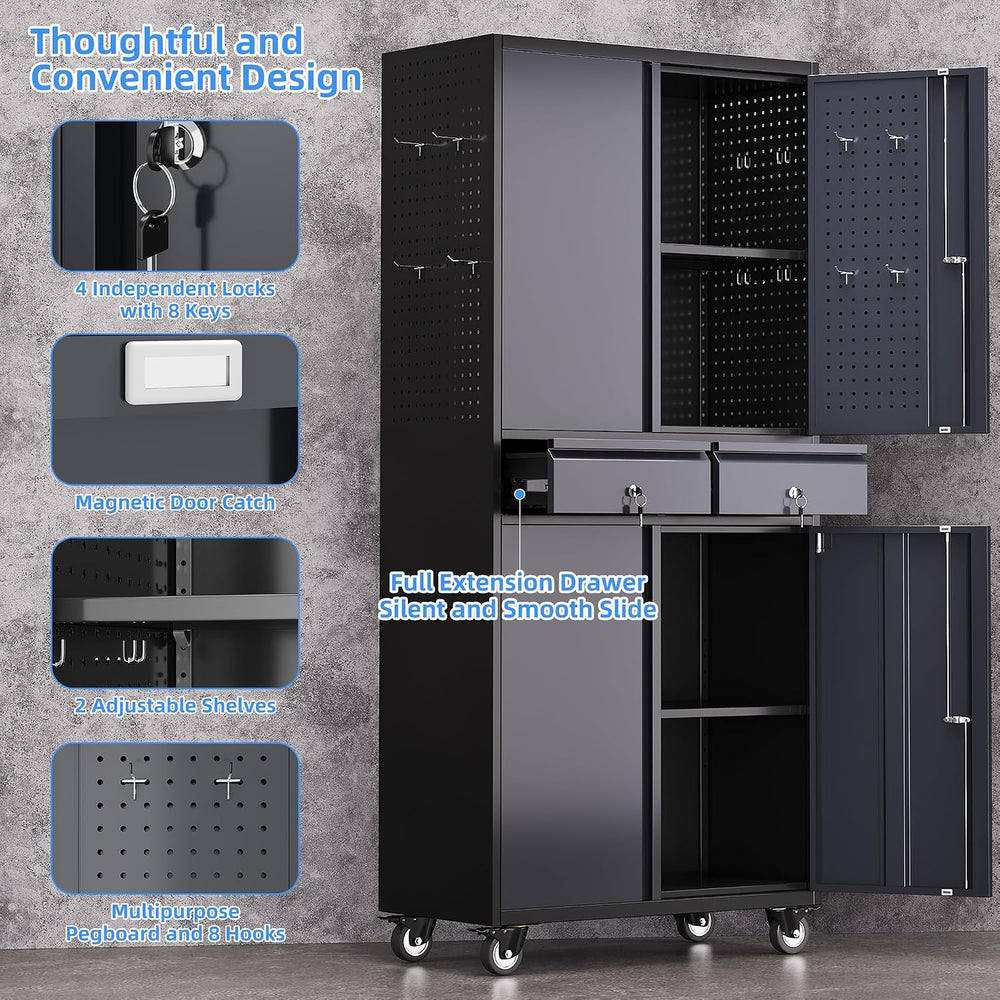 SUXXAN 71-Inch Metal Garage Cabinet with 2 Drawers and Pegboard Doors