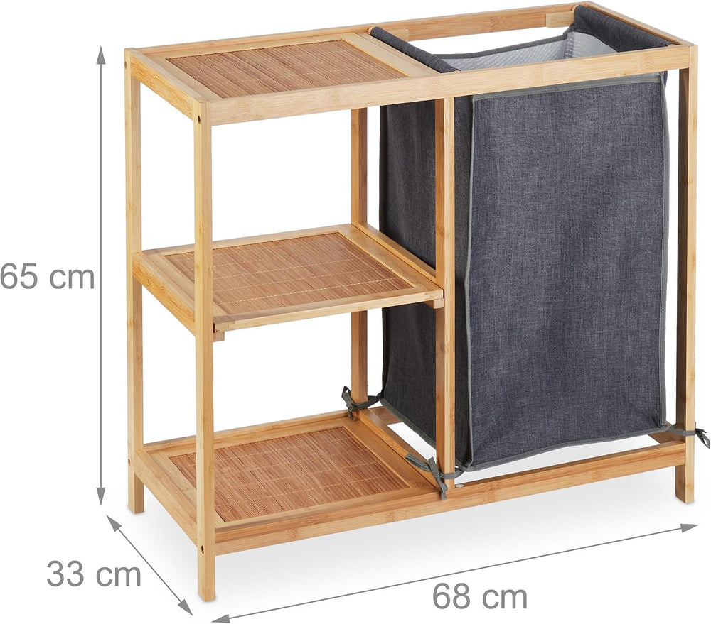 Relaxdays Bamboo Laundry Basket, 3 Shelves, Removable Fabric Bag, H x W x D: ...