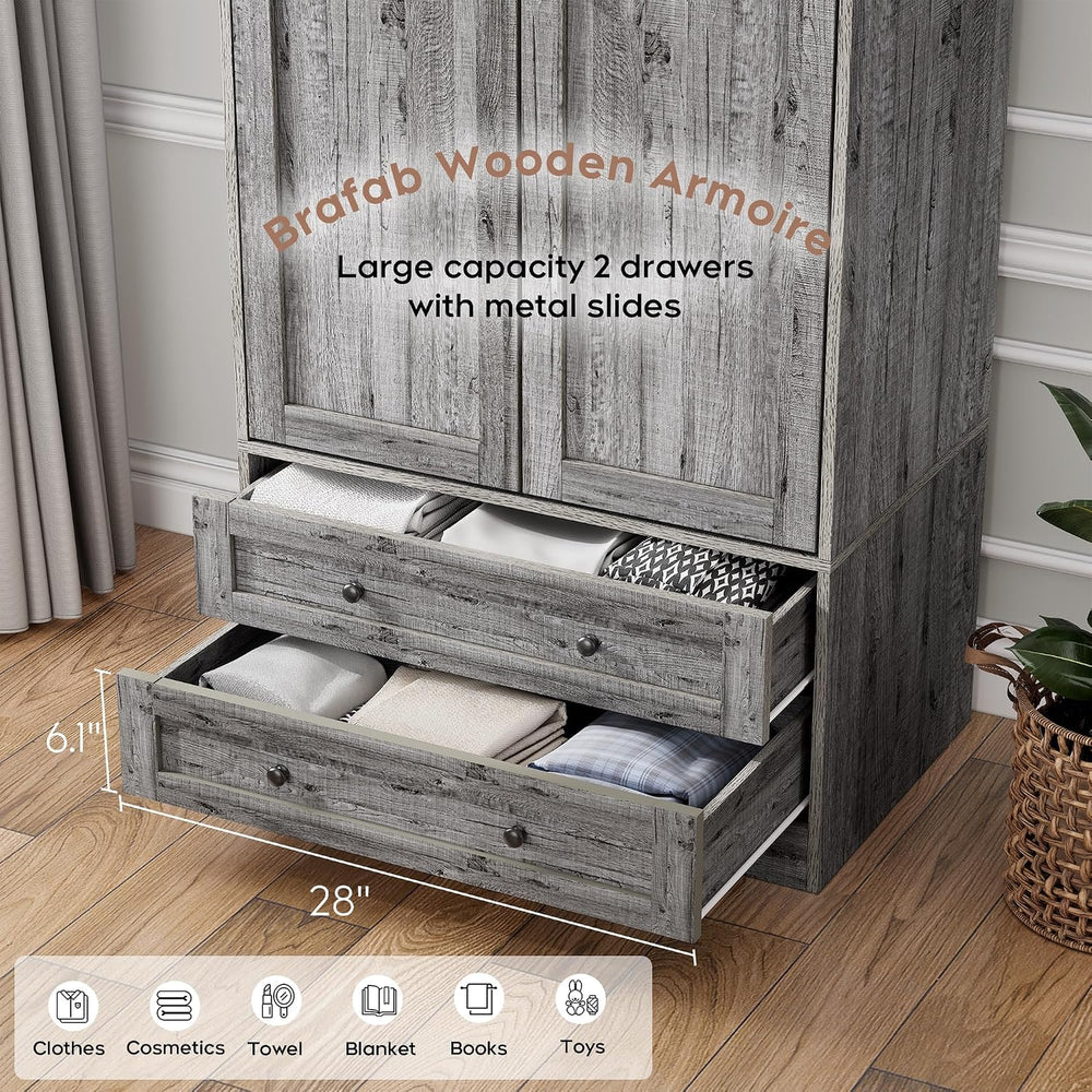 Brafab Wooden Armoire Wardrobe Closet with Drawers, Grey, 71" Tall,Set of 2