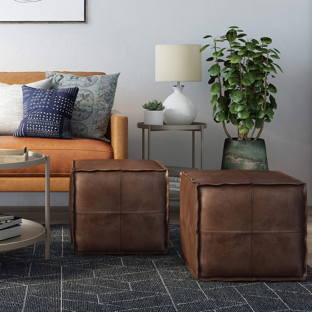 SIMPLIHOME Brody 18" Wide Square Pouf in Distressed Dark Brown Faux Leather