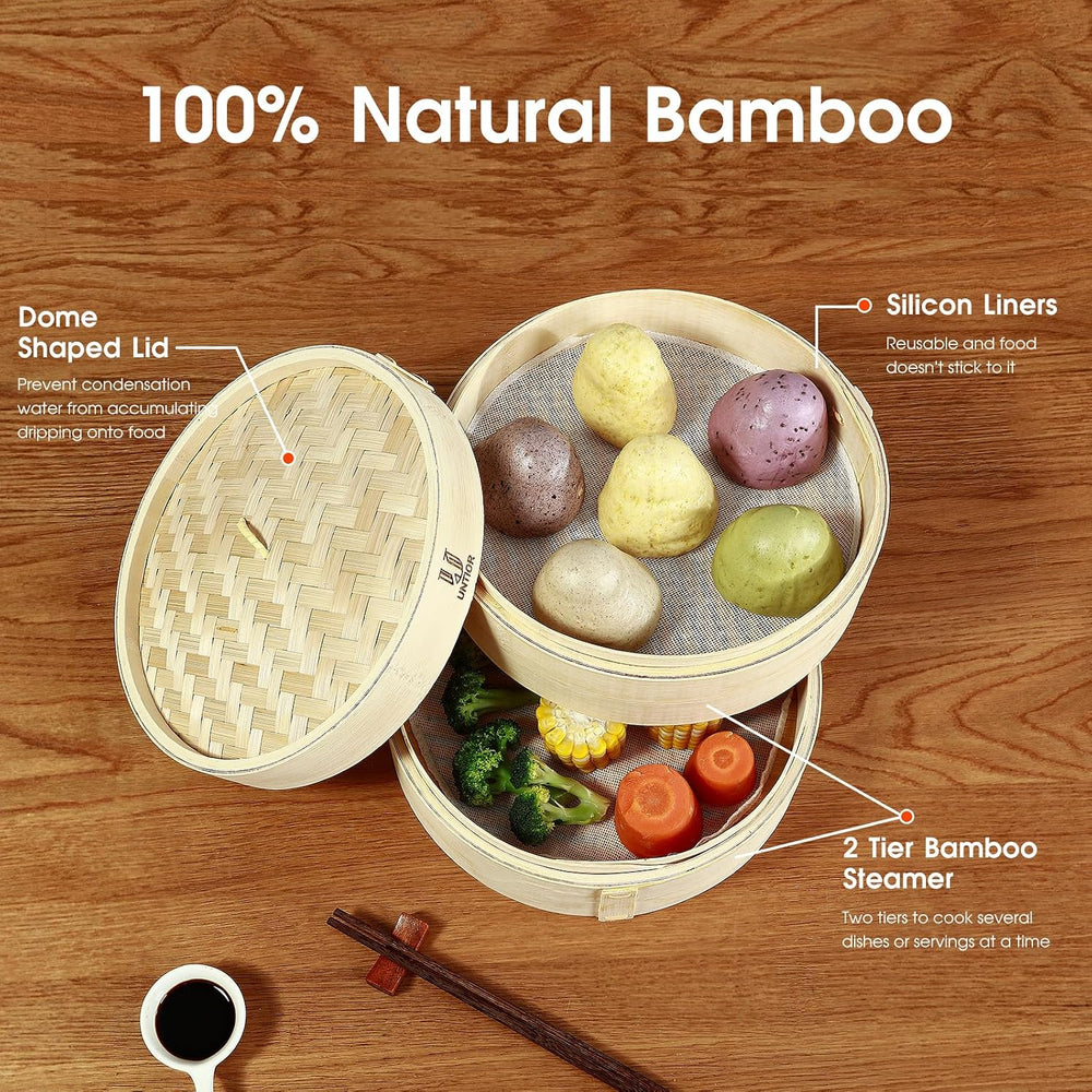 Handmade 10 inch Bamboo Steamer Basket with Reusable Cotton Liners Multi-use ...