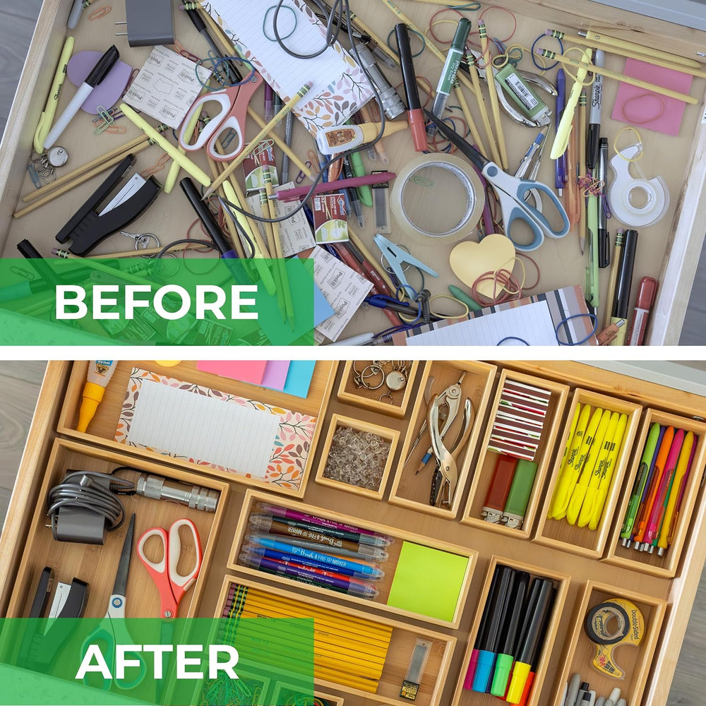 Grow Forward Bamboo Drawer Organizer Boxes - Set of 14 Wooden Drawer Organize...