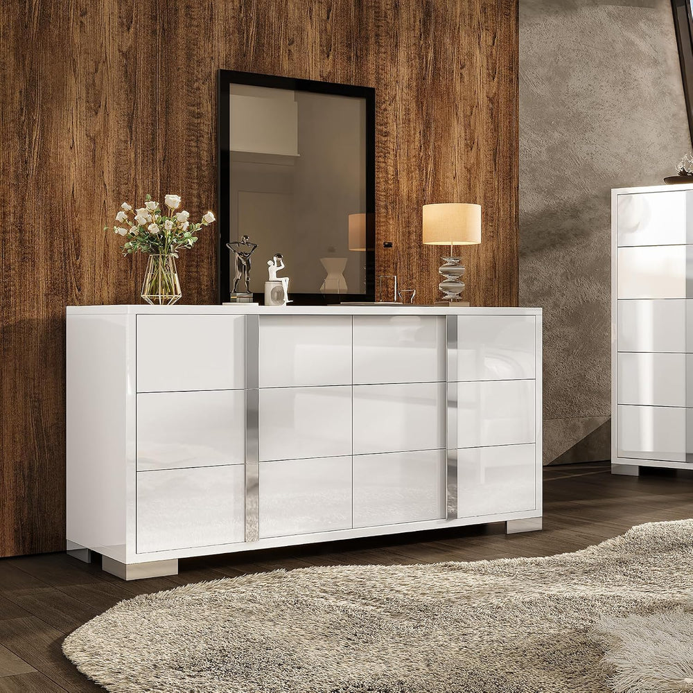 AMERLIFE 6 Drawer Dresser, Modern Storage Chest, High Gloss Finish, White