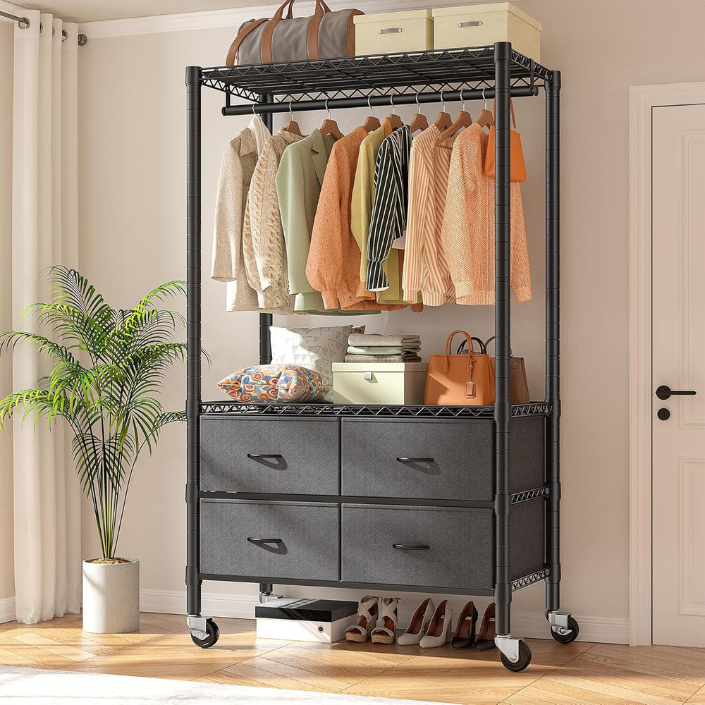 Raybee Rolling Clothes Rack, Portable Closet, 4 Drawers 4 Shelves, 450LBS