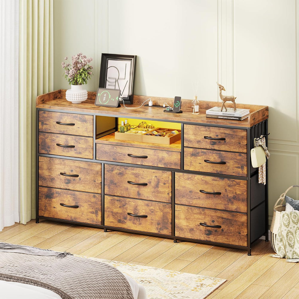 EnHomee LED Dresser for Bedroom with Charging Station,11 Drawers & 4 Hooks