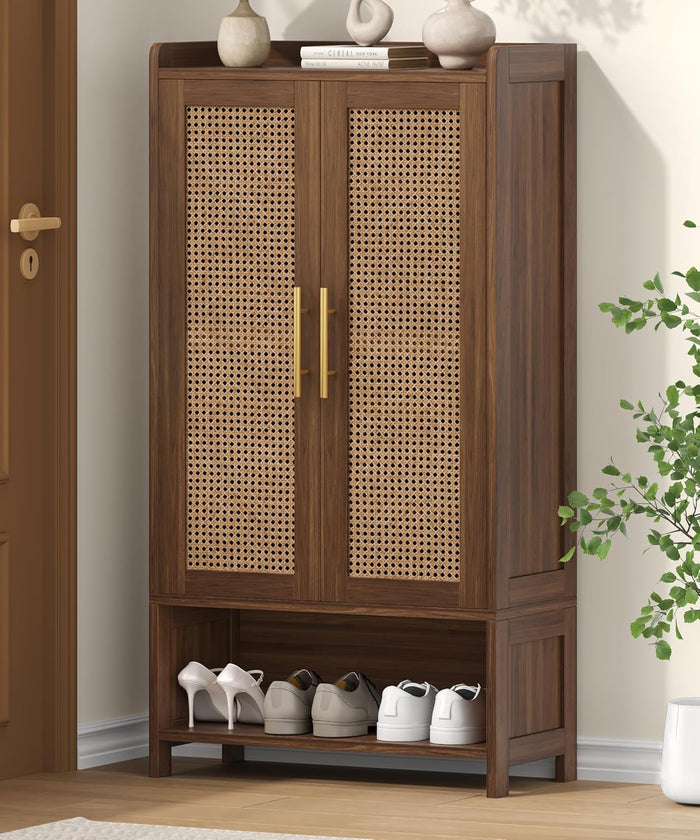 Keehusux Rattan Shoe Cabinet with Doors & Adjustable Shelves, Walnut