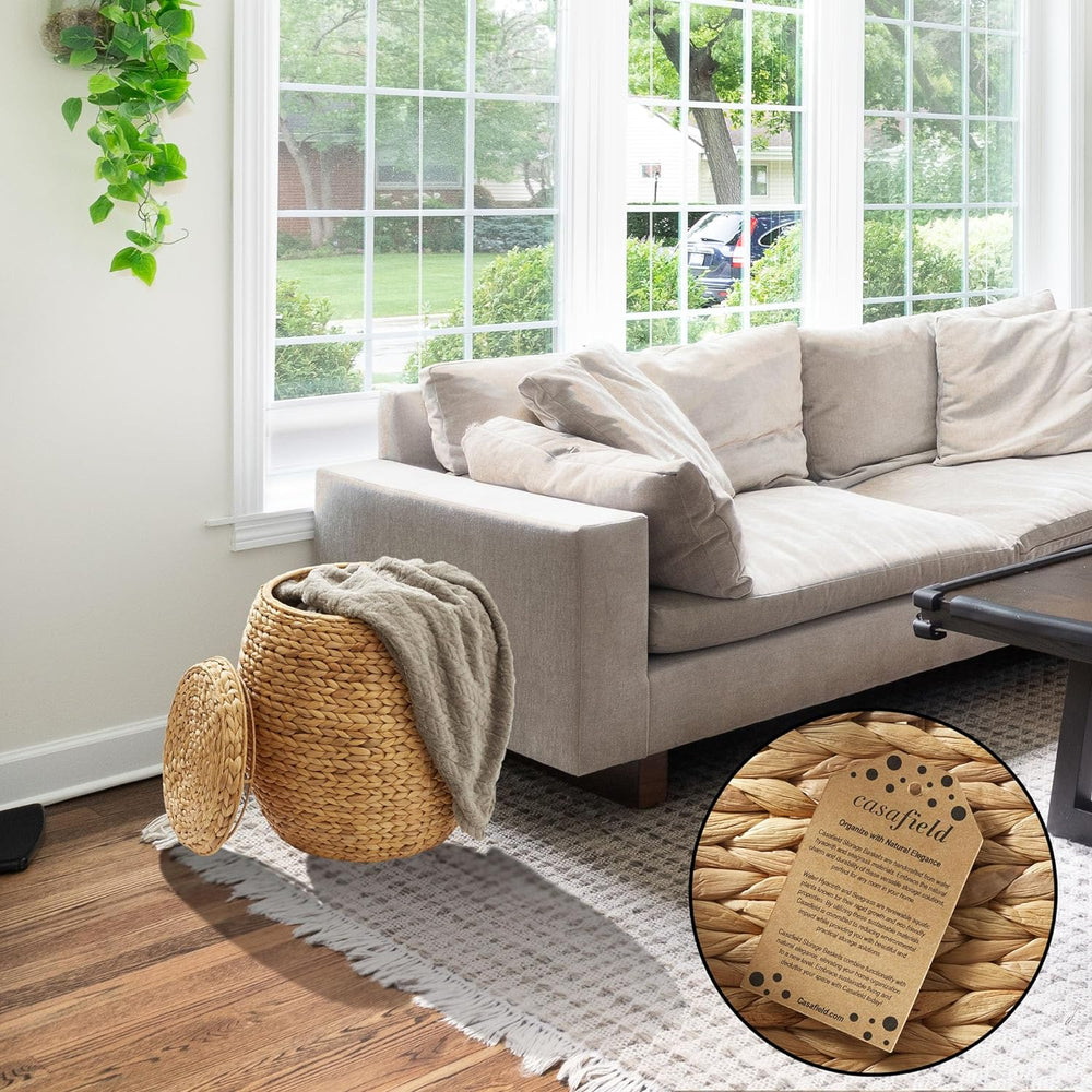 Casafield Round Storage Basket with Lid - Natural, Handwoven Water Hyacinth O...