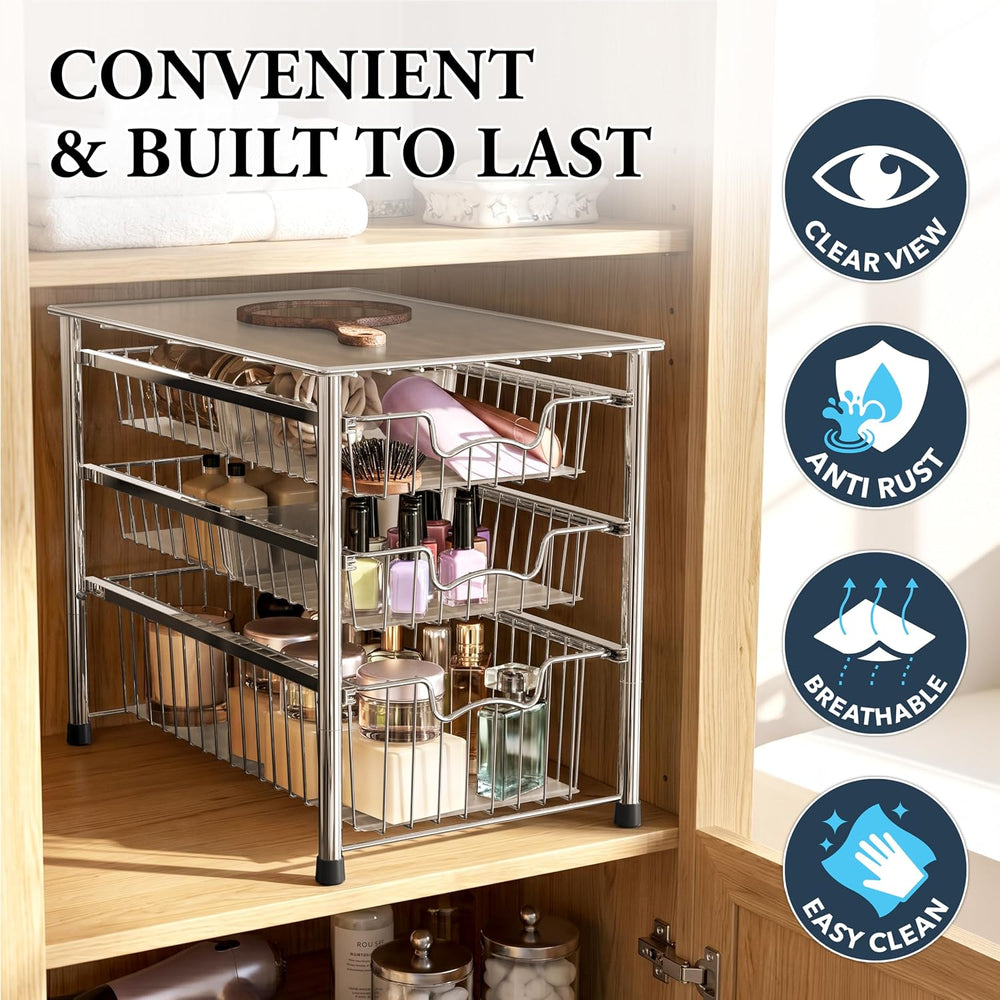 Simple Houseware Stackable 3 Tier Sliding Basket Organizer Drawer, Chrome