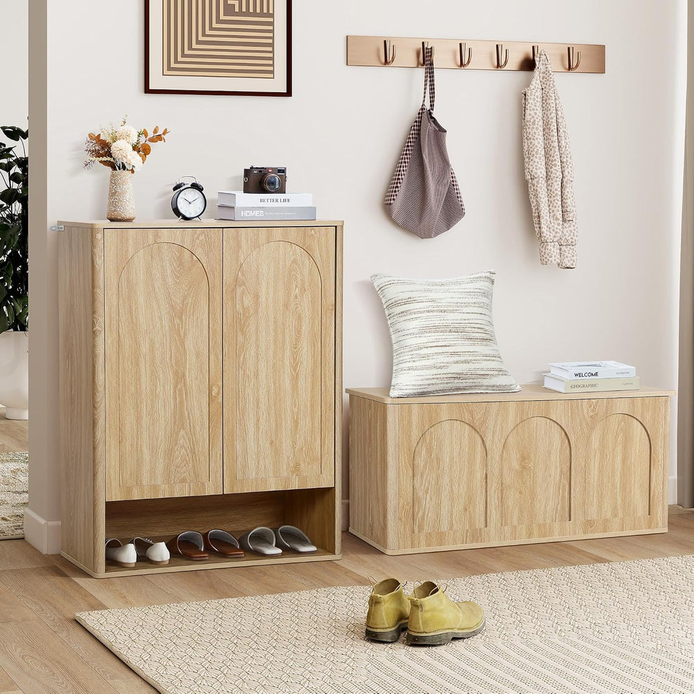 Tall and Large Shoe Storage Cabinet Set of 2 with Doors and Adjustable Shelve...