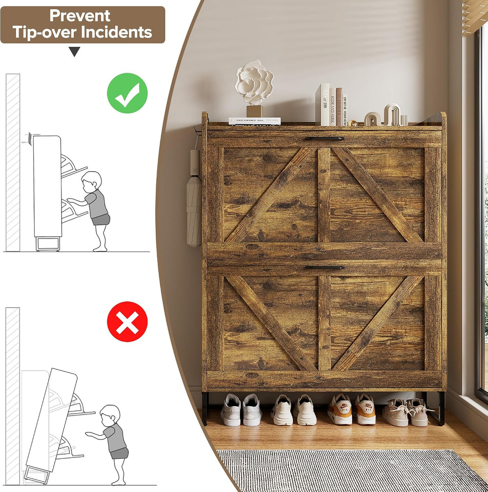 EOYUTLLY Shoe Cabinet for Entryway with 2 Flip Drawers,Narrow Wooden Shoe Sto...