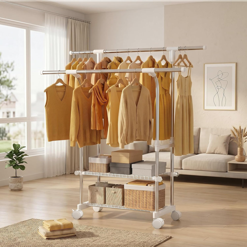 RORA Clothes Rack, Double Rod Rolling Clothing Racks for Hanging Clothes