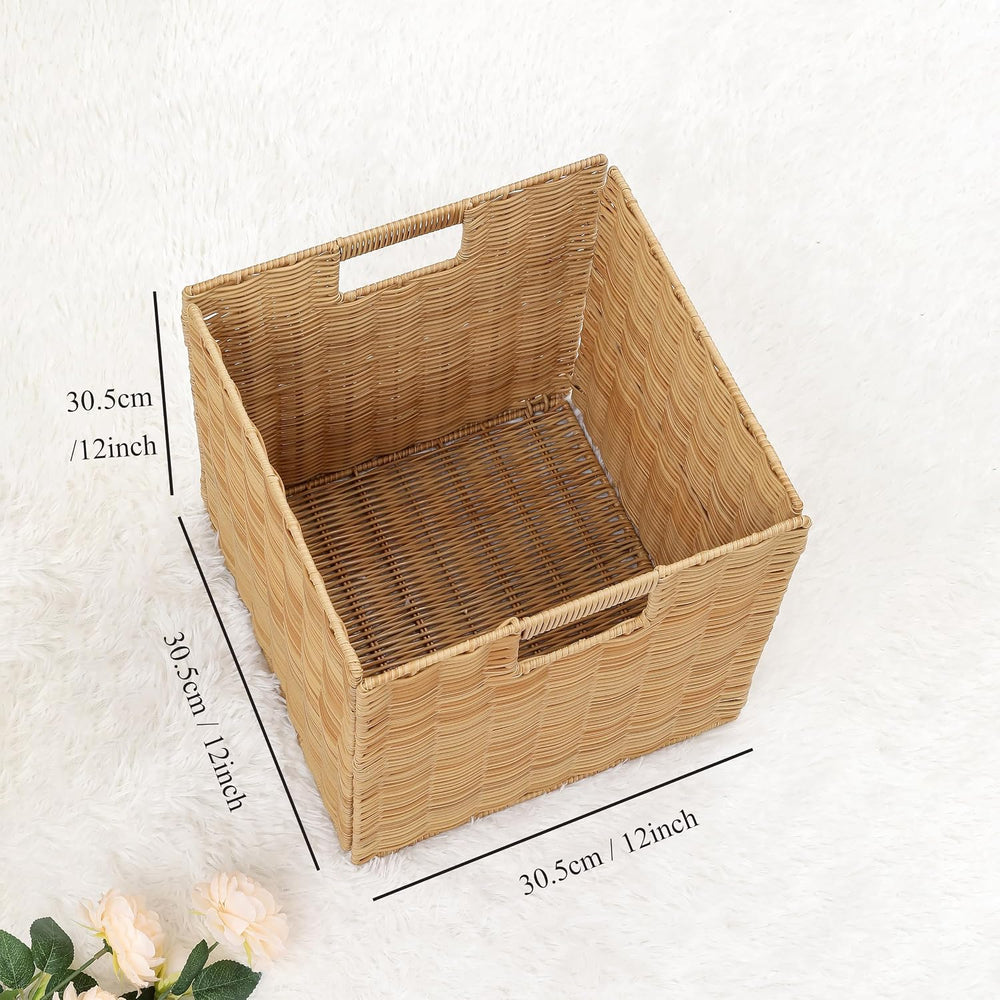 12x12inch Plastic Wicker Cube Baskets Large Foldable Handwoven,4 Pack,Khaki