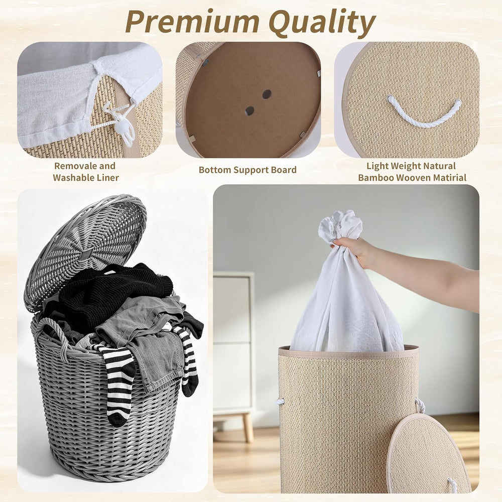 2 Pack Foldable Bamboo Laundry Hamper with Lid, Tall Storage Basket