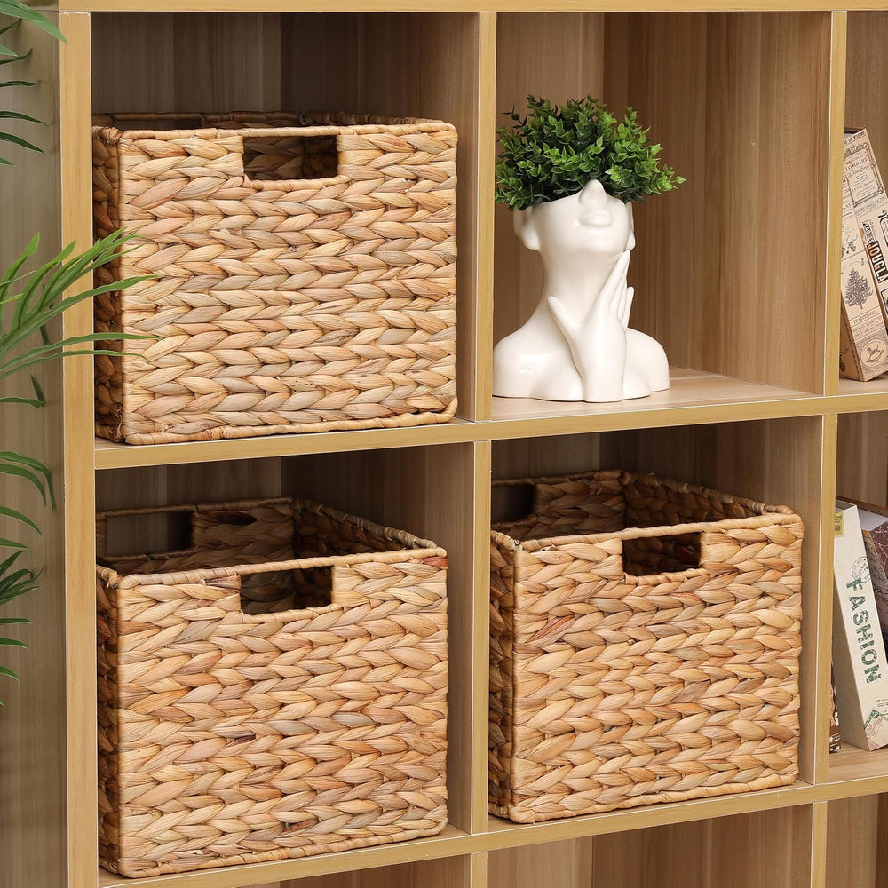 12x12x10 Water Hyacinth Storage Basket Large, Folding Cube Woven Wicker Stora...