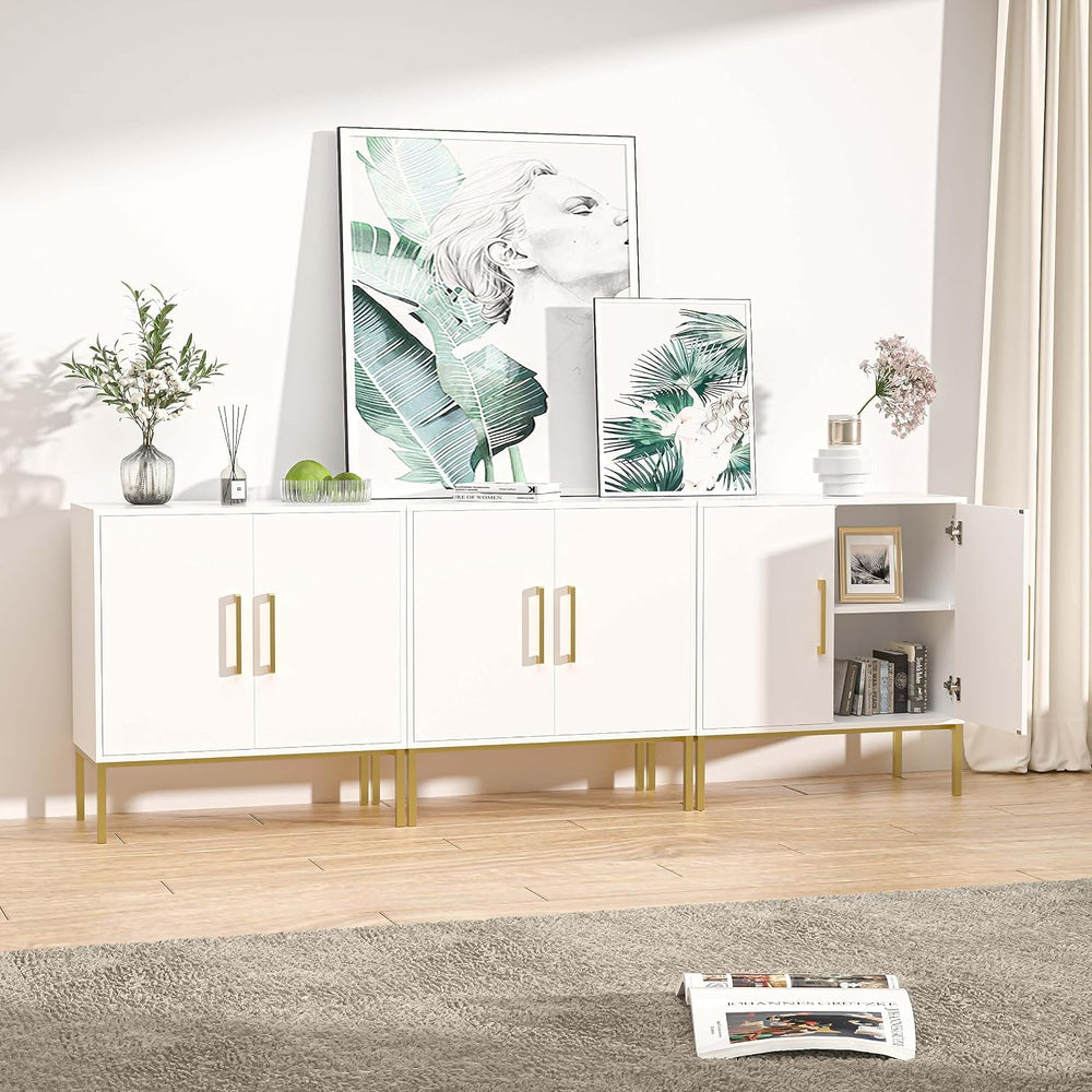 Set of 3 Storage Cabinets with Adjustable Shelf and Gold Handle, White丨Buffet...