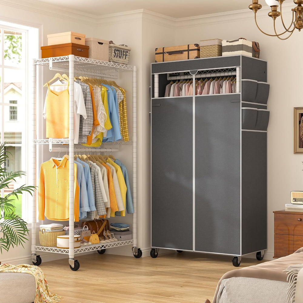 Raybee Clothes Rack with Cover, Rolling Portable Closet, 2 Rods & 2 shelves
