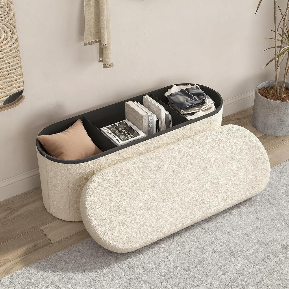 GLAXYFUR Oval Ottoman with Storage for Living Room, Sherpa Bench, Beige