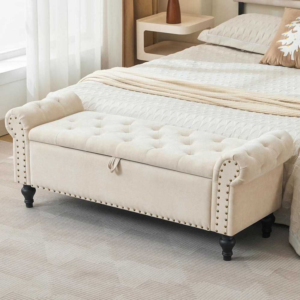 51" Storage Bench for Bedroom, Upholstered Ottoman Bench, Chenille Beige
