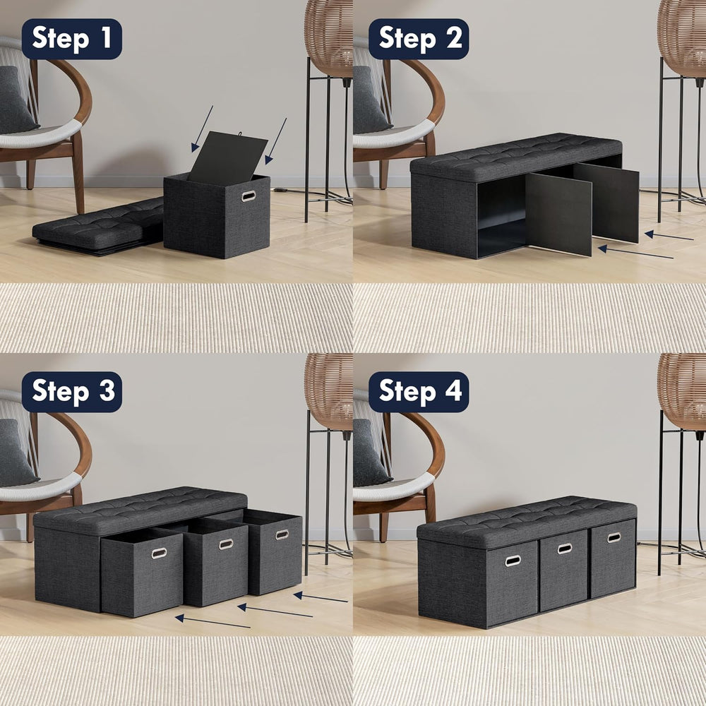 Ornavo Home 40 Inch Storage Ottoman with 3 Drawers, Tufted Linen, Black