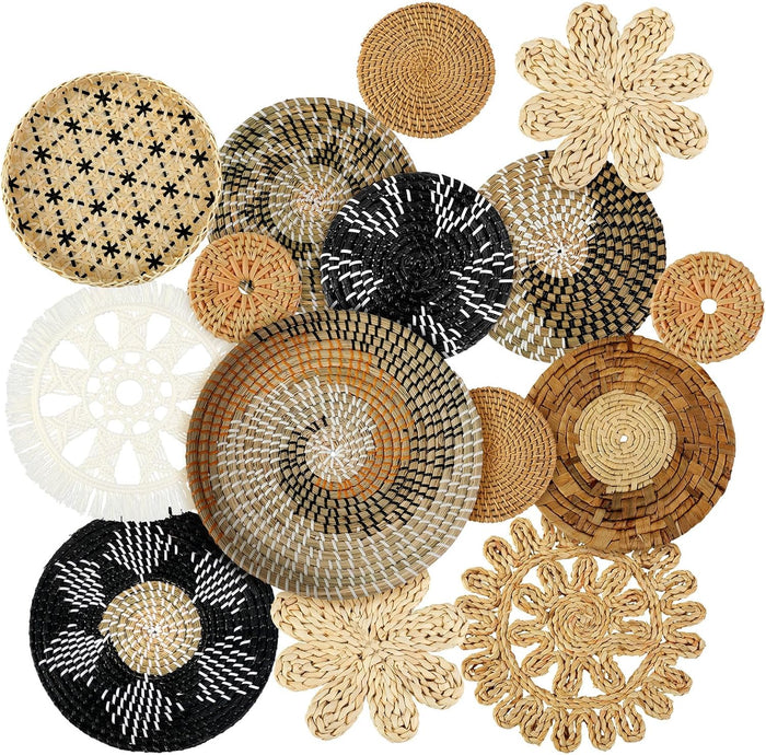 Xuhal 15 Pcs Boho Wall Basket Decor Handcrafted Seagrass Woven Wall Basket Rustic Round Woven Hanging Art for Home Farmhouse Kitchen Table Living Room(Stylish Style)