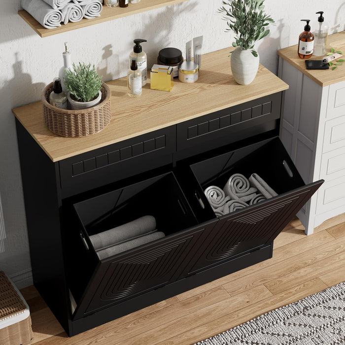Double Tilt Out Laundry Hamper Cabinet, 20 Gallon Modern Trash Can Cabinet