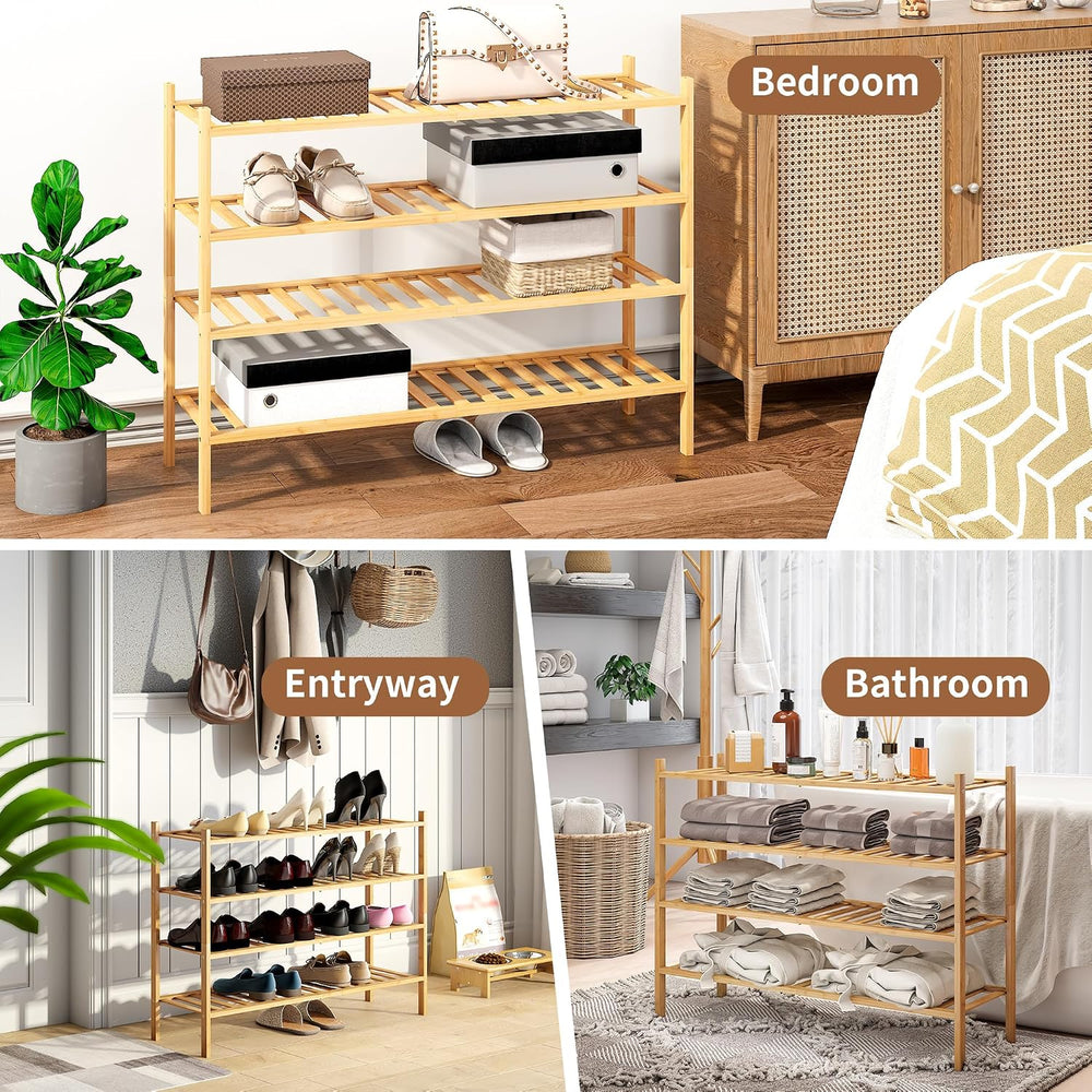 Bamboo Shoe Rack Stackable Shoe Shelf Storage Organizer for Unit Entryway Hal...